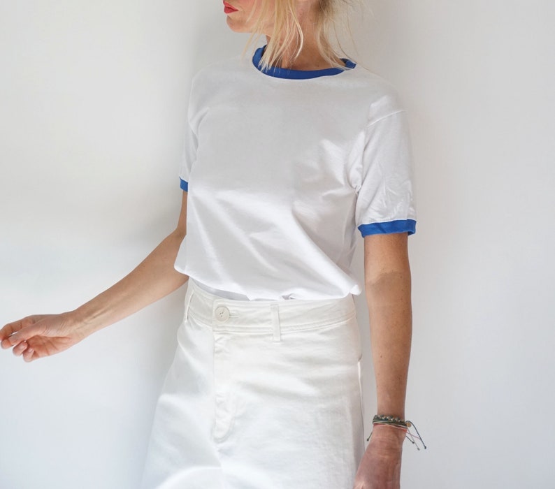 Vintage White Blue Ringer T Shirt | Crewneck Tee Cotton | 100% Cotton | The Perfect Tee | S-M