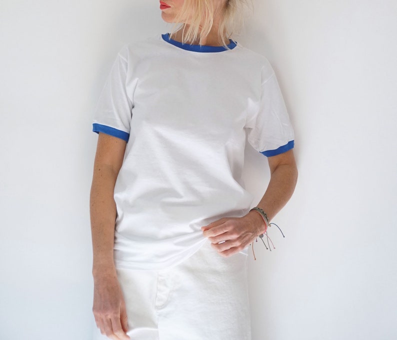 Vintage White Blue Ringer T Shirt | Crewneck Tee Cotton | 100% Cotton | The Perfect Tee | S-M