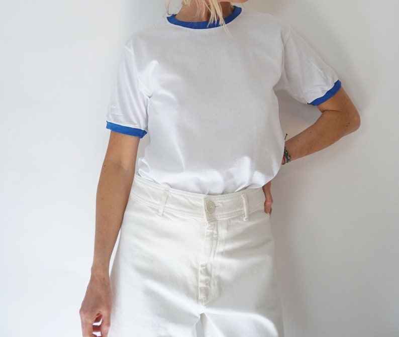 Vintage White Blue Ringer T Shirt | Crewneck Tee Cotton | 100% Cotton | The Perfect Tee | S-M
