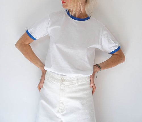 Vintage White Blue Ringer T Shirt | Crewneck Tee Cotton | 100% Cotton | The Perfect Tee | S-M