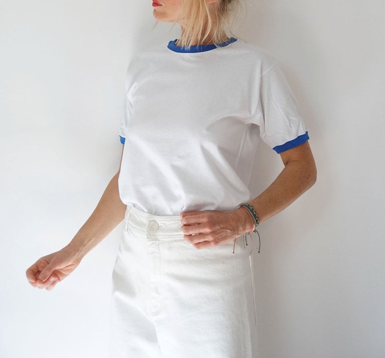 Vintage White Blue Ringer T Shirt | Crewneck Tee Cotton | 100% Cotton | The Perfect Tee | S-M