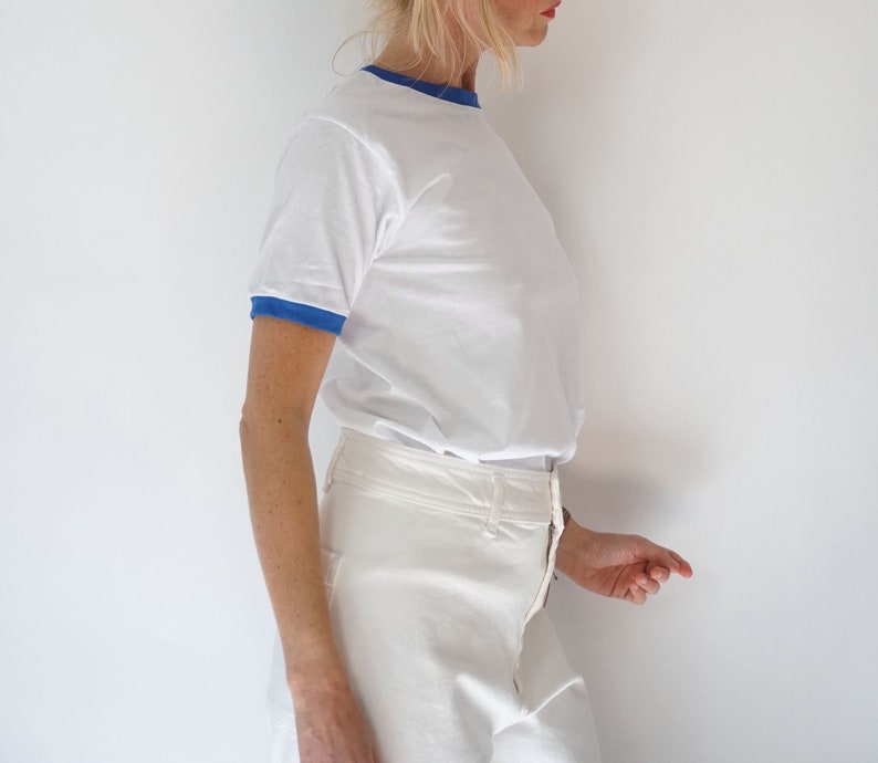 Vintage White Blue Ringer T Shirt | Crewneck Tee Cotton | 100% Cotton | The Perfect Tee | S-M