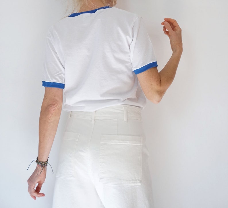 Vintage White Blue Ringer T Shirt | Crewneck Tee Cotton | 100% Cotton | The Perfect Tee | S-M