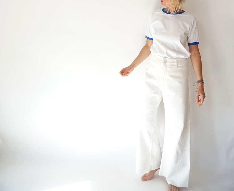 Vintage White Blue Ringer T Shirt | Crewneck Tee Cotton | 100% Cotton | The Perfect Tee | S-M