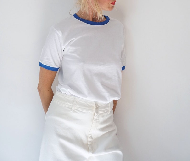 Vintage White Blue Ringer T Shirt | Crewneck Tee Cotton | 100% Cotton | The Perfect Tee | S-M