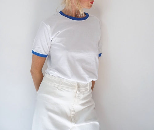 Vintage White Blue Ringer T Shirt | Crewneck Tee Cotton | 100% Cotton | The Perfect Tee | S-M