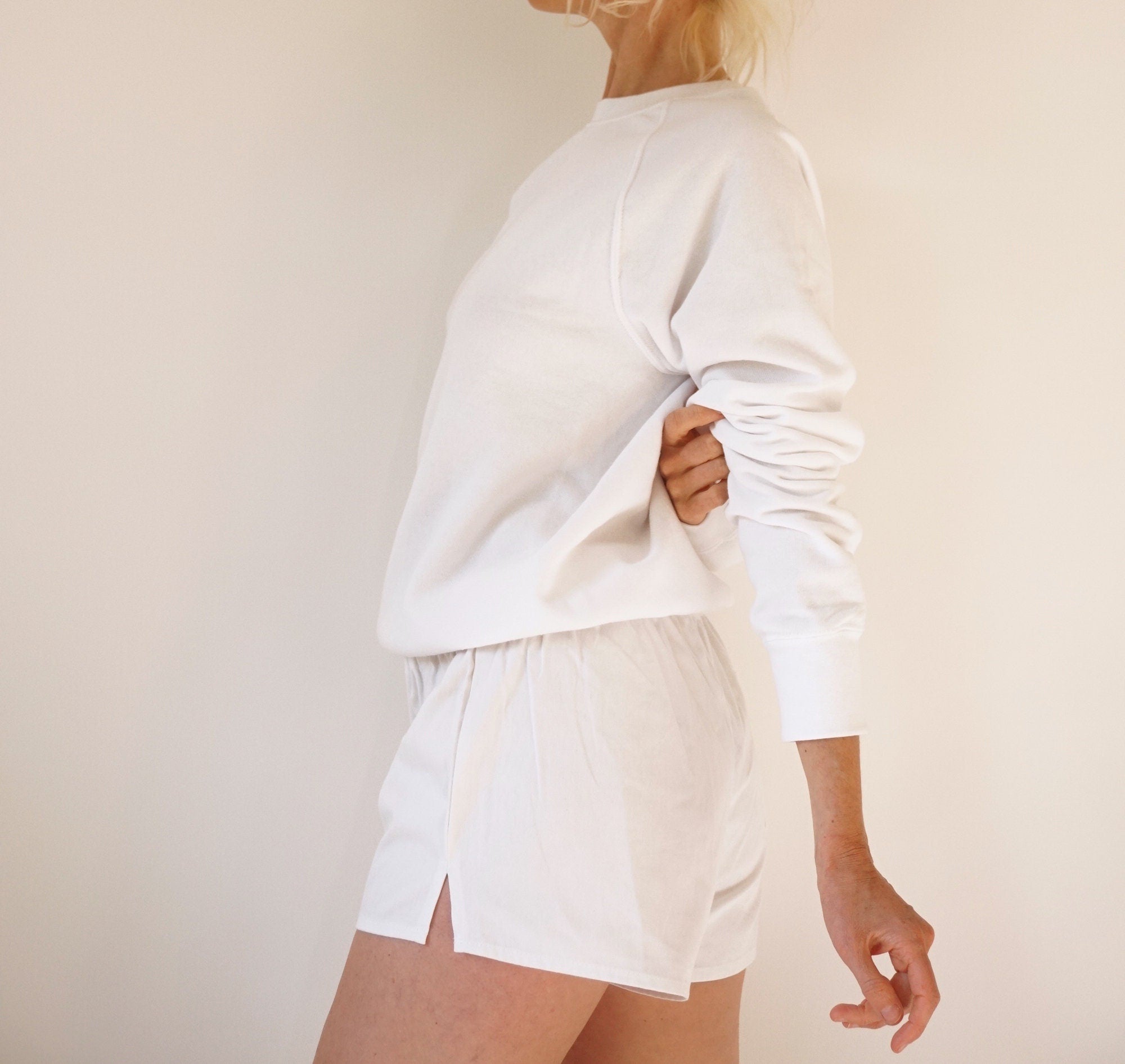 Vintage White Leisure Cotton Shorts | Pull-On Athletic Shorts | Summer Staple Bottoms