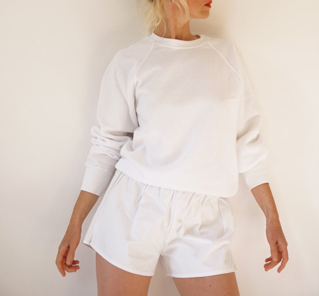 Vintage White Leisure Cotton Shorts | Pull-On Athletic Shorts | Summer Staple Bottoms